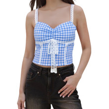 (L, Blue) Débardeur court à carreaux avec dentelle, col cœur froncé, slim, sans manches, mode estivale