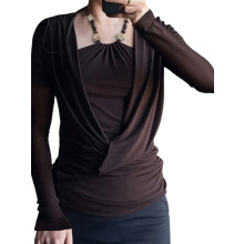 (M, Dark Brown) Women's Long Sleeve Tops Slim Fit Fake Two-piece Stylish Solid Halter Neck T-Shirt for Fall