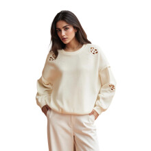 (S, White) Women's Round Neck Tops Long Sleeve Eyelet Embroidery Loose Pullovers Streetwear Tops