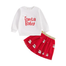 (2-3 Years, White) Ensemble de Noël petite fille : sweat-shirt brodé, bonnet de Père Noël et jupe tulle Seuqin.