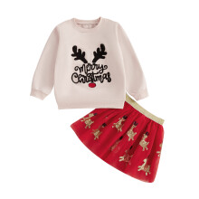 (2-3 Years, Apricot) Ensemble de Noël petite fille : sweat-shirt brodé, bonnet de Père Noël et jupe tulle Seuqin.