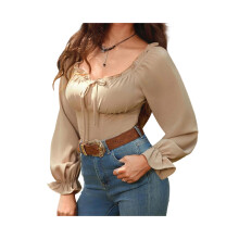 (M, Khaki) Women Long Sleeve Crop Blouse Slim Solid Frill Trim Square Neck Smocked Back Curved Hem Shirts