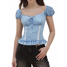 (L, Blue) T-shirt femme court, patchwork dentelle, haut d'été carreaux, style streetwear décontracté.