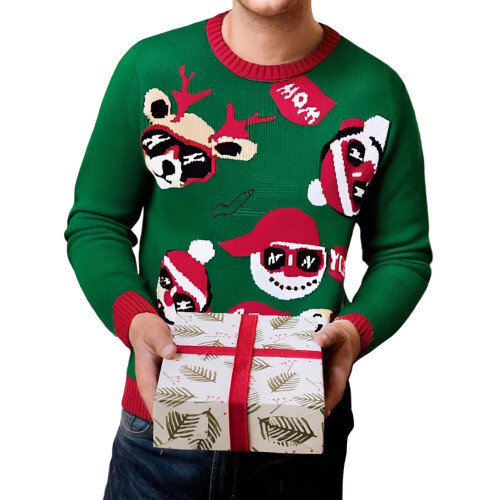 (S, Green Men) Pull de Noël motif cerf
