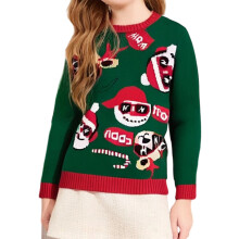 (4-5 Years, Green Kids) Family Matching Christmas Sweater Parent-child Long Sleeve Crewneck Elk Jacquard Pullover