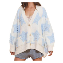 (M, Light Blue) Women's Autumn Sweater Cardigan Long Sleeve V Neck Button Up Star Embroidery Knitwear