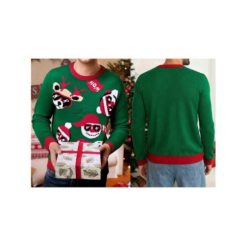 (S, Green Men) Pull de Noël motif cerf 1