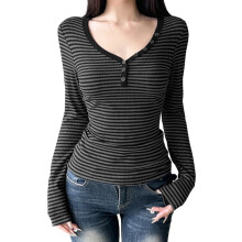 (S, Dark Grey) Bluze damă casual cu imprimeu grunge, mânecă lungă, decolteu V și nasturi, croială slim