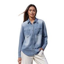 (L, Blue) Camicia in jeans da donna, giacca a maniche lunghe con bottoni, top autunnale con tasche.