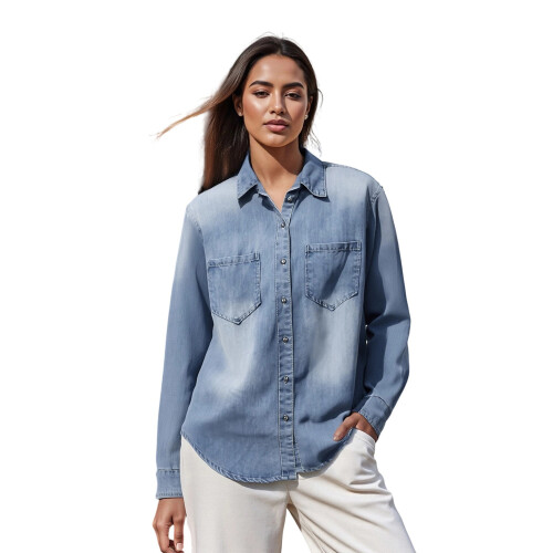 (S, Blue) Camisa vaquera mujer, con bolsillos.