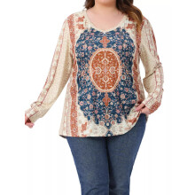 (XXXL, Multicolor) T-shirt femme manches longues col V imprimé floral plissé ample hauts d'automne streetwear