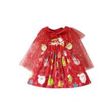 (6-12 Months, Red) Robe de Noël pour petite fille, imprimé dessin animé, sans manches, col rond, coupe trapèze, avec cape en tulle.