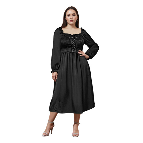 (XXXL, Black) Robe longue vintage taille, fluide