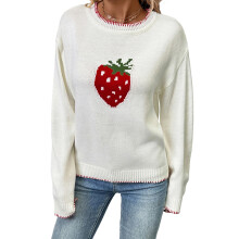 (S, Beige) Women Knit Sweater Long Sleeve Crew Neck Strawberry Pullover Warm Sweater for Fall Winter