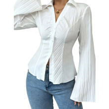 (S, White) Chemisier plissé pour femme, couleur unie tendance, manches longues évasées, col en V, boutonnage