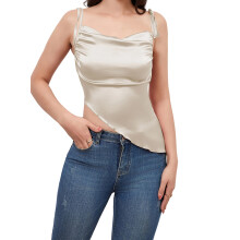 (XL, Champagne) Women Solid Asymmetrical Cami Tops Slim Cowl Neck Tie-up Spaghetti Strap Backless Irregular Hem Shirts Summer Streetwear