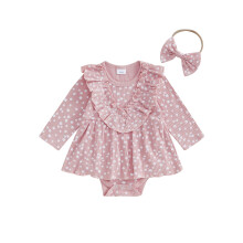 (3-6 Months, Pink) Ensemble pour nouveau-né fille, robe barboteuse florale à manches longues et col rond avec bandeau à nœud papillon