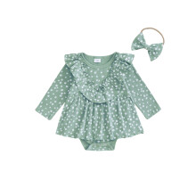 (3-6 Months, Green) Ensemble pour nouveau-né fille, robe barboteuse florale à manches longues et col rond avec bandeau à nœud papillon