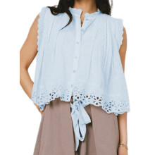 (S, Blue) Women's Summer Button Down Blouses Casual Stylish Solid Eyelets Trim Loose Fit Sleeveless Tops