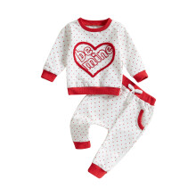 (6-12 Months, White) Ensemble automne 2 pièces pour filles : haut long manches col rond avec cœur brodé et pantalon à pois