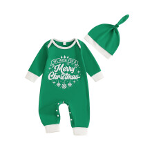 (3-6 Months, Green) Ensemble de Noël bébé 2 pièces : barboteuse manches longues avec imprimé lettres + chapeau. Vêtements de fête