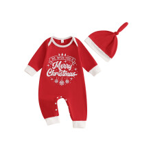 (0-3 Months, Red) Ensemble de Noël bébé 2 pièces : barboteuse manches longues avec imprimé lettres + chapeau. Vêtements de fête