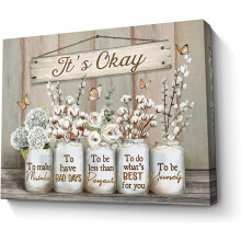 Floral Farmhouse Wall Art Canvas with Bible Verse, Jars & Butterfly Print – “It's Okay” Inspirational Quote, 12x16 in, Framed Decor for