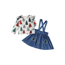 (18-24 Months, White) Ensemble de Noël 2 pièces pour petite fille : T-shirt à manches longues et jupe à bretelles imprimé sapin.