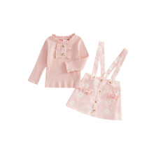 (4 Years, Pink) Ensemble 2 pièces fille : T-shirt manches longues avec volants et boutons, jupe bretelles fleurs, couleur unie.