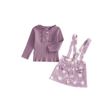 (18-24 Months, Purple) Ensemble 2 pièces fille : T-shirt manches longues avec volants et boutons, jupe bretelles fleurs, couleur unie.