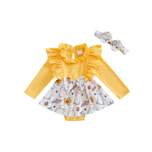 (3-6 Months, Yellow) Baby-Mädchen Stramplerkleid Halloween-Kleidung Geisterblumenmuster Rock Saum Baby Herbst Body mit Stirnband