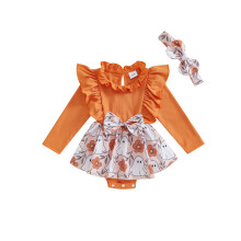 (0-3 Months, Orange) Baby-Mädchen Stramplerkleid Halloween-Kleidung Geisterblumenmuster Rock Saum Baby Herbst Body mit Stirnband