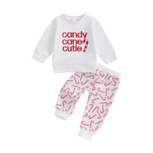 (6-12 Months, White) Weihnachtsoutfit für Babys: 2-teiliges Set mit Pullover und Hose mit Zuckerstangenmuster