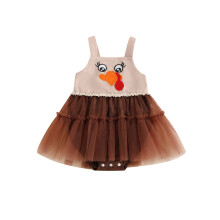 (0-3 Months, Beige) Combinaison bébé fille sans manches brodée de dinde et patchwork de tulle pour Thanksgiving
