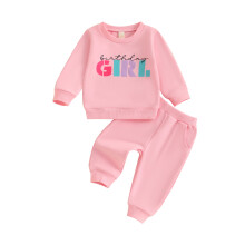 (2-3 Years, Pink) Ensemble 2 pièces pour fille : haut à manches longues et col rond imprimé lettres, pantalon uni