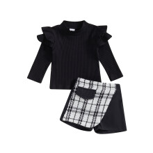 (18-24 Months, Black) Ensembles deux pièces automne pour filles : hauts côtelés unis à manches volantes et jupes-shorts.