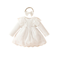 (9-12 Months, White) Ensemble 2 pièces bébé fille, robe longue dentelle patchwork avec bandeau nœud papillon, tenue automne