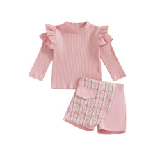 (3-4 Years, Pink) Ensembles deux pièces automne pour filles : hauts côtelés unis à manches volantes et jupes-shorts.