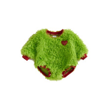 (0-3 Months, Green) Combinaison bébé de Noël duveteuse verte à motif de cœurs et de monstres, manches longues et col rond.