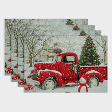 Christmas Truck Placemat Set of 4, 18x12in, Vintage Red Truck Snow Farm Xmas Tree, Heat Resistant & Washable