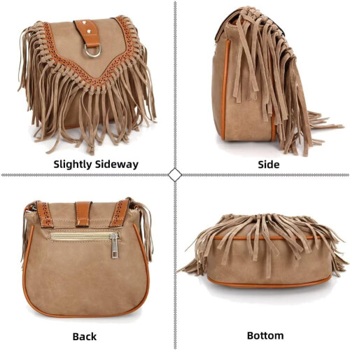 Γυναικεία τσάντα ώμου Boho με vintage τσαντάκι Hobo, σουέτ με κρόσσια, μποέμικη τσάντα 2