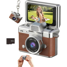 Mini digitalkamera med 1,47" LCD, 1080P video, innebygd blits, snor, nøkkelring og 64 GB kort – ideelt for reiser og fester