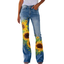 Schlagjeans für Damen, geblümte Sonnenblumen-Jeans, dehnbare, trendige Schlagjeans, mittelhohe Bootcut-Jeans (Gelb, XL)