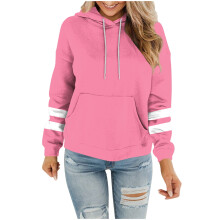 Sudadera con capucha y puños a rayas para mujer, manga larga, con bolsillo, ideal para salidas informales en climas frescos (rosa, M).
