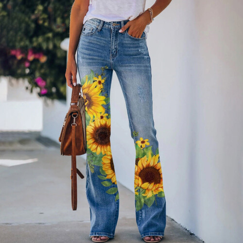Τζιν Bell Bottom για γυναίκες Floral Denim Παντελόνι Ηλίανθου Ελαστικό Μοντέρνο Τζιν με 2