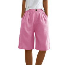 Bermuda da donna, pantaloncini corti, pantaloni estivi con elastico in vita e bottoni, casual, in lino, con tasche, taglie S-3XL