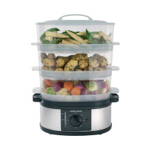 Morphy Richards 3 Tier Food Steamer, 9L, 60 Minute Timer with Bell, Instant Steam Production, Visible Water Gauge, Rice Tray, 750W, Stainless Steel,