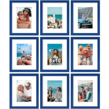 8x10 Picture Frame Set of 9 – Holds 5x7 (with mat) or 8x10 (no mat), wall/tabletop, horizontal/vertical, blue