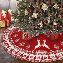 48" Red Knitted Christmas Tree Skirt with Snowflake & Reindeer, Rustic Double-Sided, Indoor/Outdoor Holiday Decor