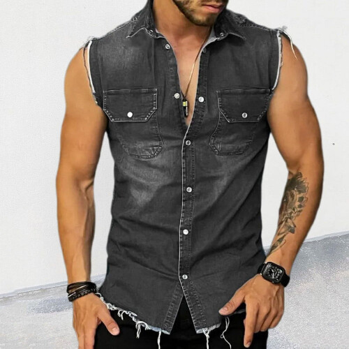 Ανδρικό τζιν φανελάκι Vintage Slim Summer Tank Top χωρίς μανίκια και κουμπιά, μαύρο